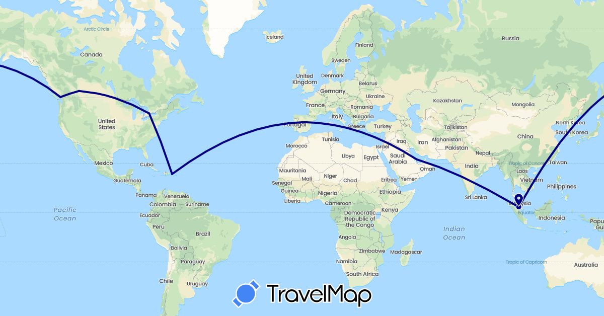 TravelMap itinerary: driving in Canada, China, Dominican Republic, Spain, Malaysia, Qatar (Asia, Europe, North America)